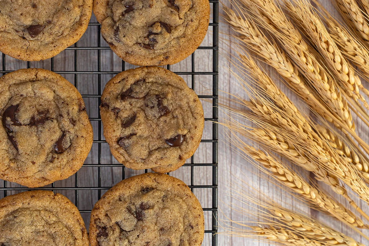 Brown butter chocolate chip cookies on a baking rack with wheat stalks on a wooden table